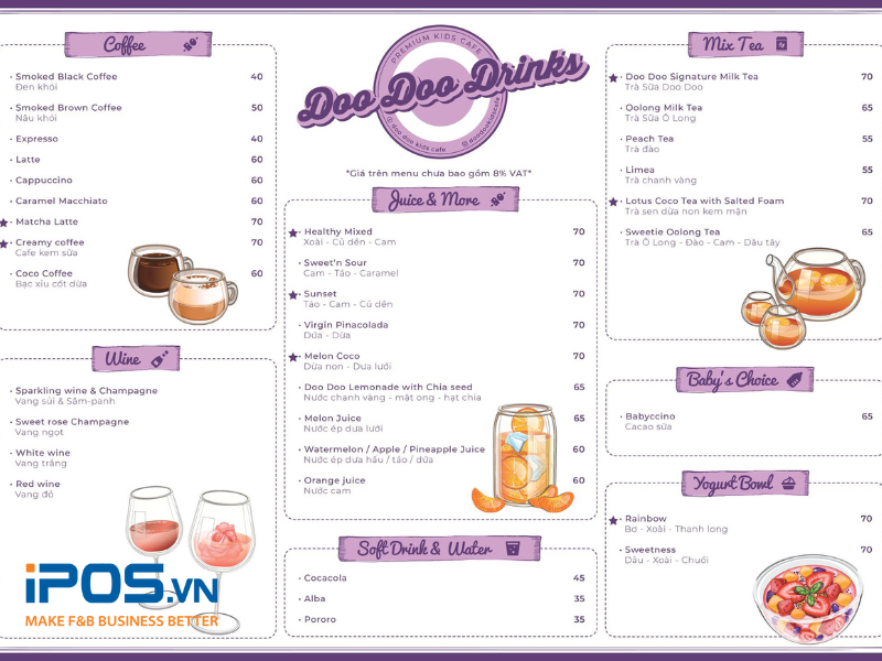 Menu của Doo Doo Premium Kids Cafe có thêm phần đồ uống Baby’s Choice phù hợp với trẻ em 