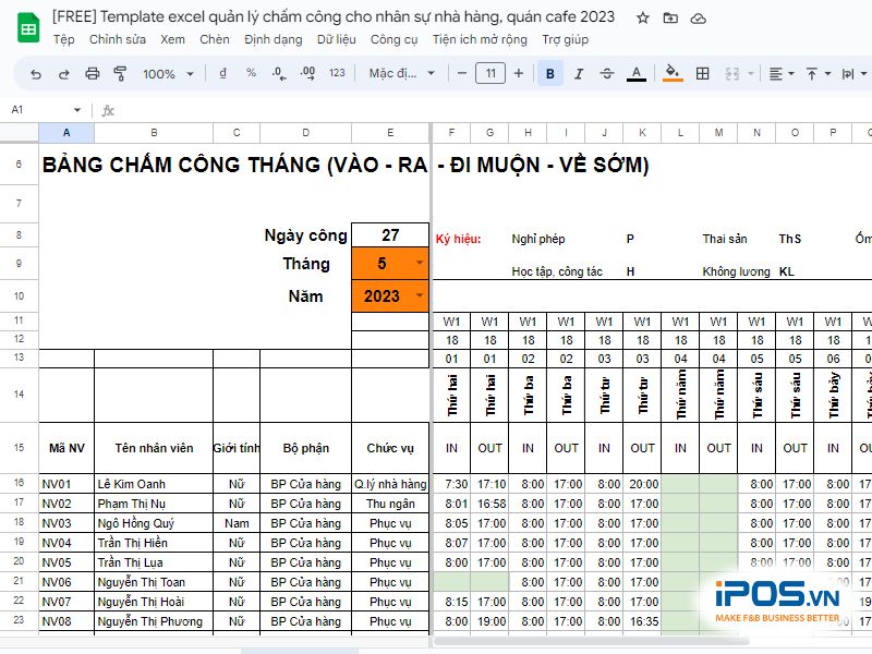 quản lý chấm công nhân sự nhà hàng