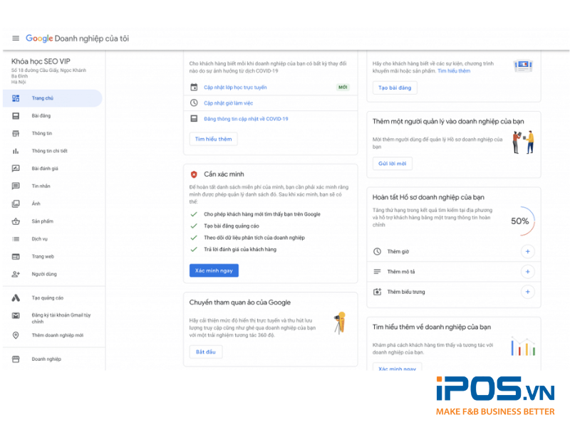 Giao diện tài khoản quản lý Google Maps