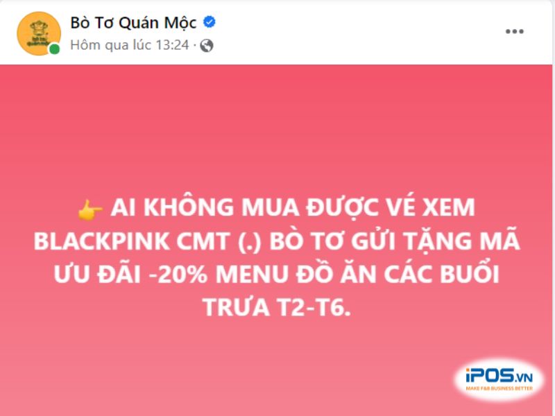 Bò tơ quán Mộc “an ủi” fan BLACKPINK không săn được vé concert bằng cách giảm 20% giá món.