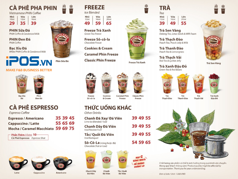 Tất cả đồ uống trong menu của Highlands Coffee đều có giá lẻ