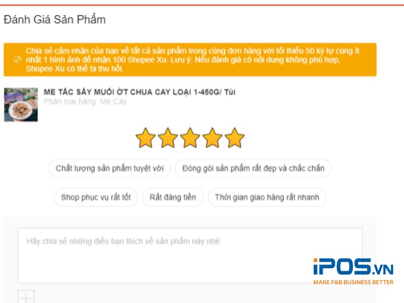 Đánh giá 4,9 sao trên GrabFood, ShopeeFood, Baemin giúp tăng uy tín của quán trong mắt khách hàng. 