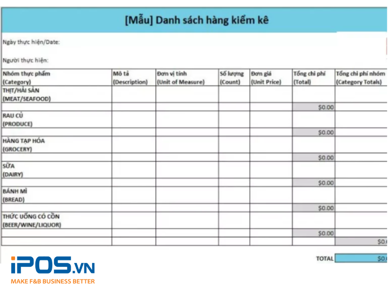 Mẫu danh sách hàng hóa kiểm kê 
