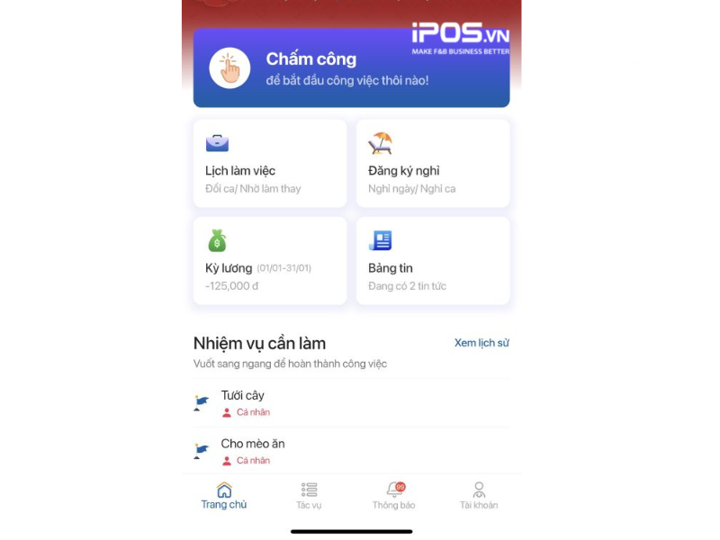 Giao diện giải pháp chấm công nhà hàng iPOS HRM rất đơn giản và dễ thao tác