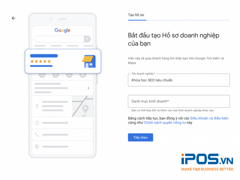 Nhập tên thương hiệu và danh mục kinh doanh - nhà hàng hoặc quán cafe