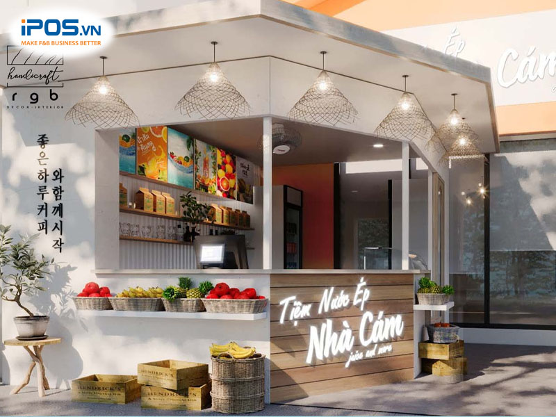 Thiết kế quán nước ép đơn giản nhưng bắt mắt tươi sáng