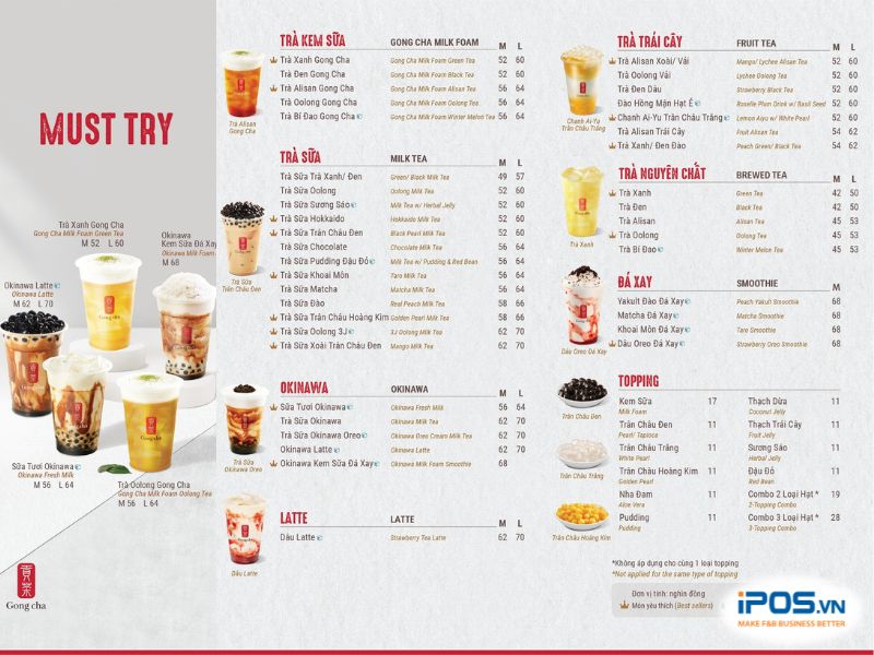 Menu Gong Cha cực kỳ đa dạng
