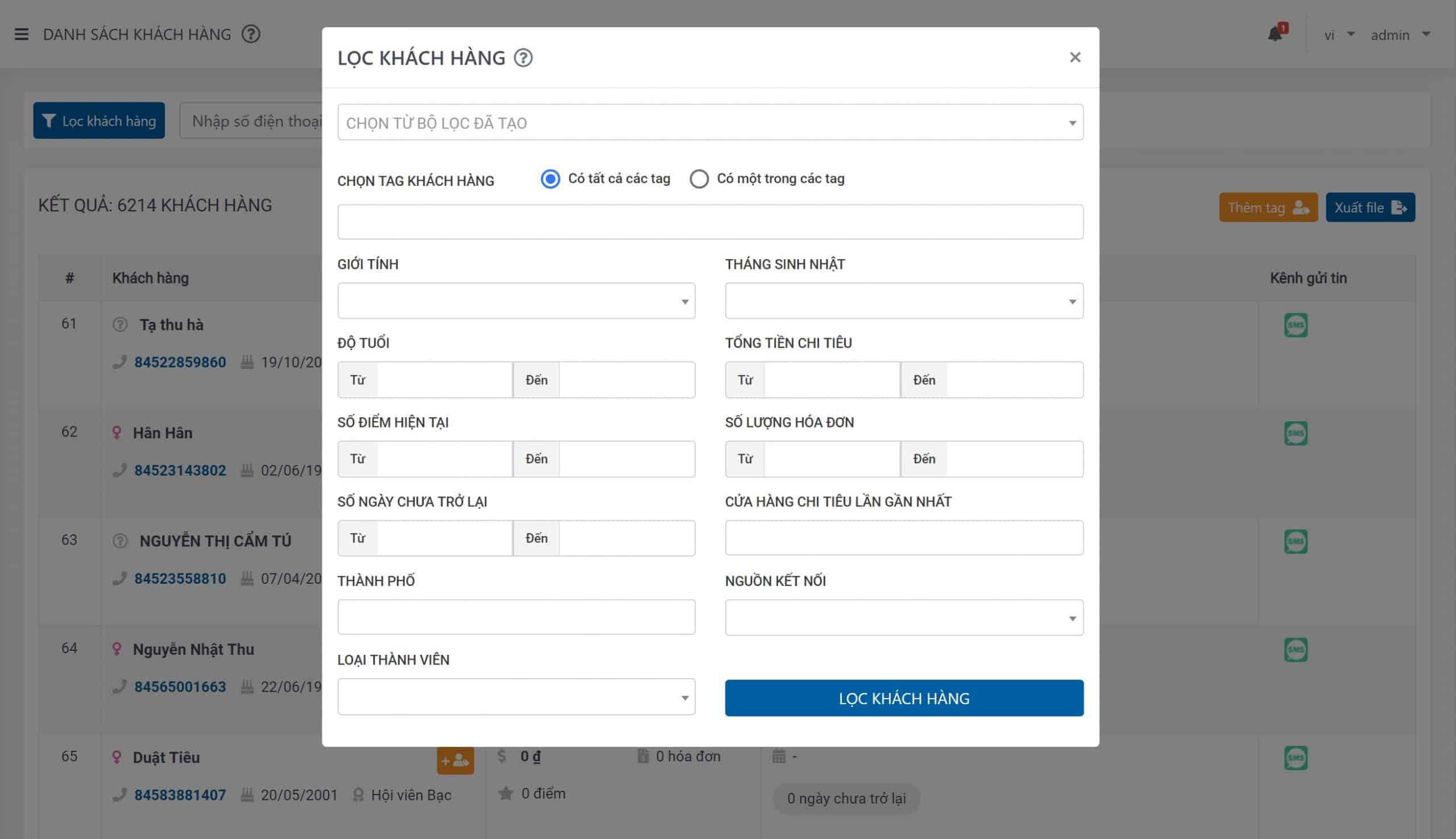 Tính năng lọc khách hàng trên phần mềm iPOS CRM