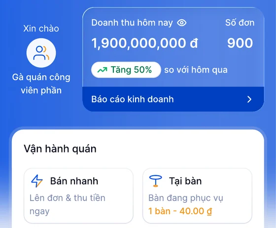 Thẻ doanh thu hôm nay và khu vực vận hành quán trong FABiBox App