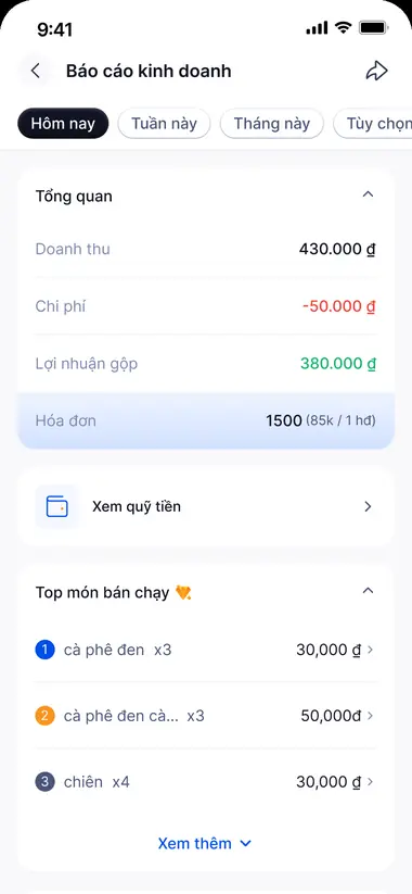 Màn hình Báo cáo tổng quan trong FABiBox App