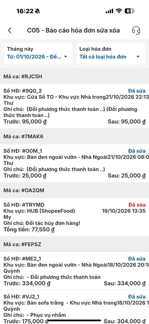 Báo cáo hóa đơn sửa xóa trong FABiBox App: hóa đơn đã sửa, đã xóa, mã ca, ghi chú và số tiền trước, sau