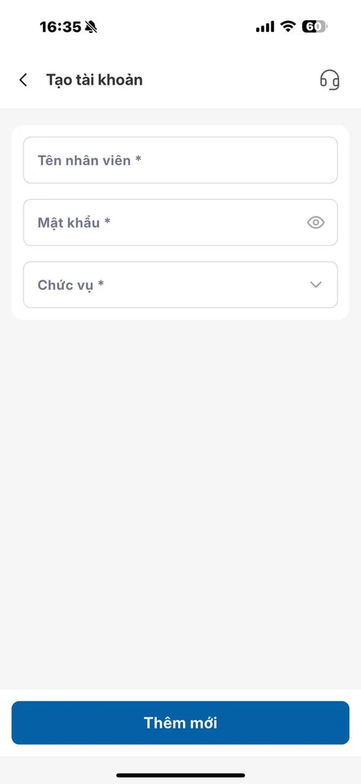 Màn hình Tạo tài khoản nhân viên trên điện thoại
