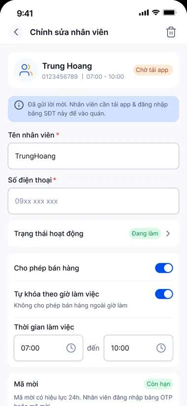 Màn hình Chỉnh sửa nhân viên trong FABiBox App