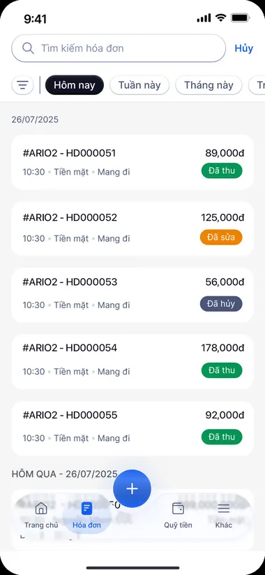 Màn hình Hóa đơn trong FABiBox App