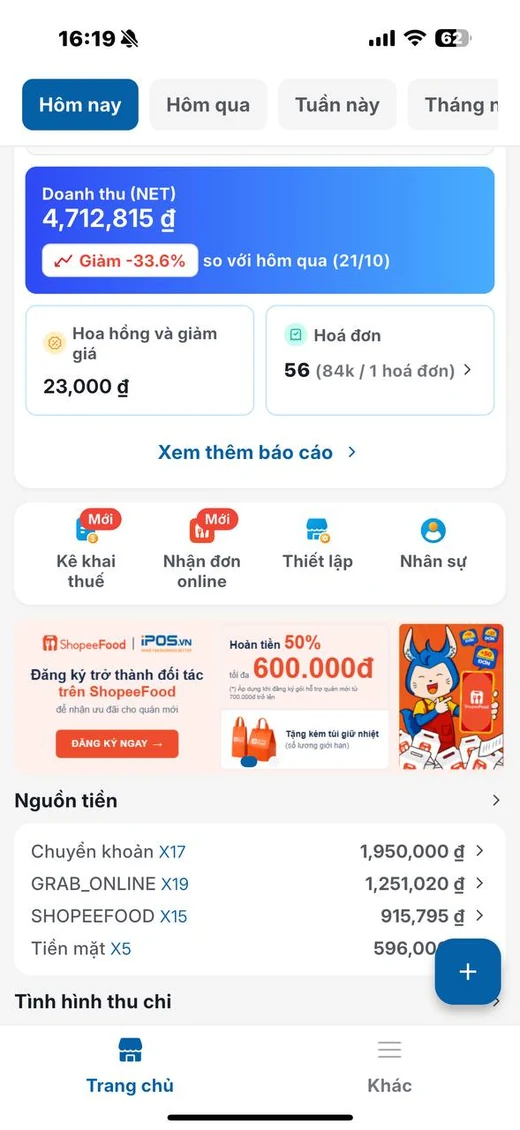 Màn hình doanh thu FABiBox App với các tab Hôm nay, Hôm qua, Tuần này, Tháng này