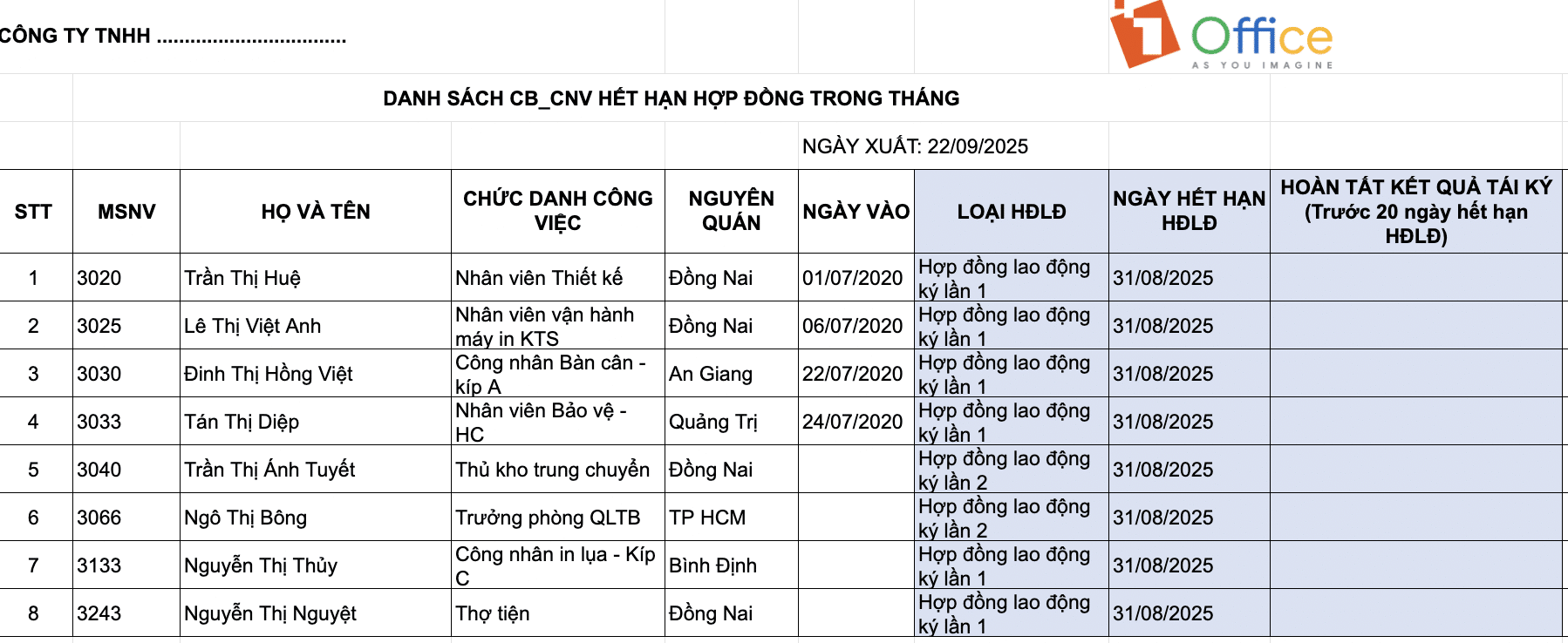Mẫu Excel quản lý hợp đồng lao động
